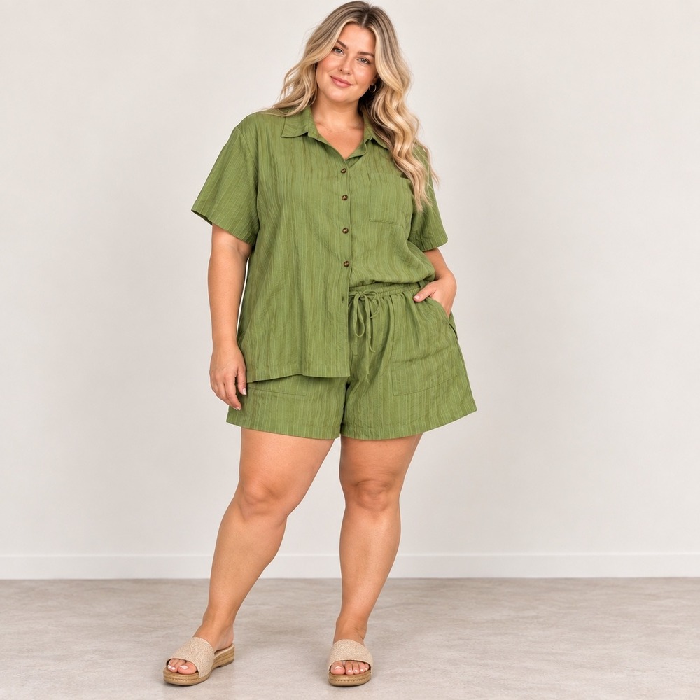 Shein Curve+ Olive Green Textured Button Down Shirt and Shorts Set Size 24 6X